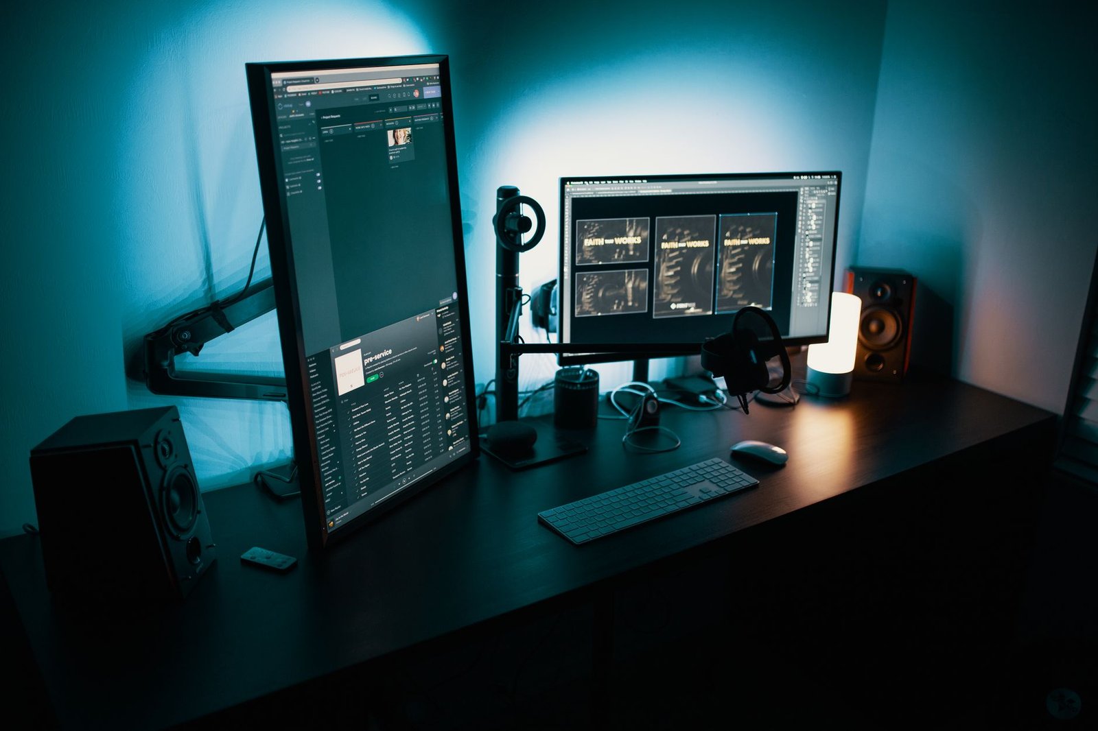 Close up of a sleek monitor light bar illuminating a clean desk.