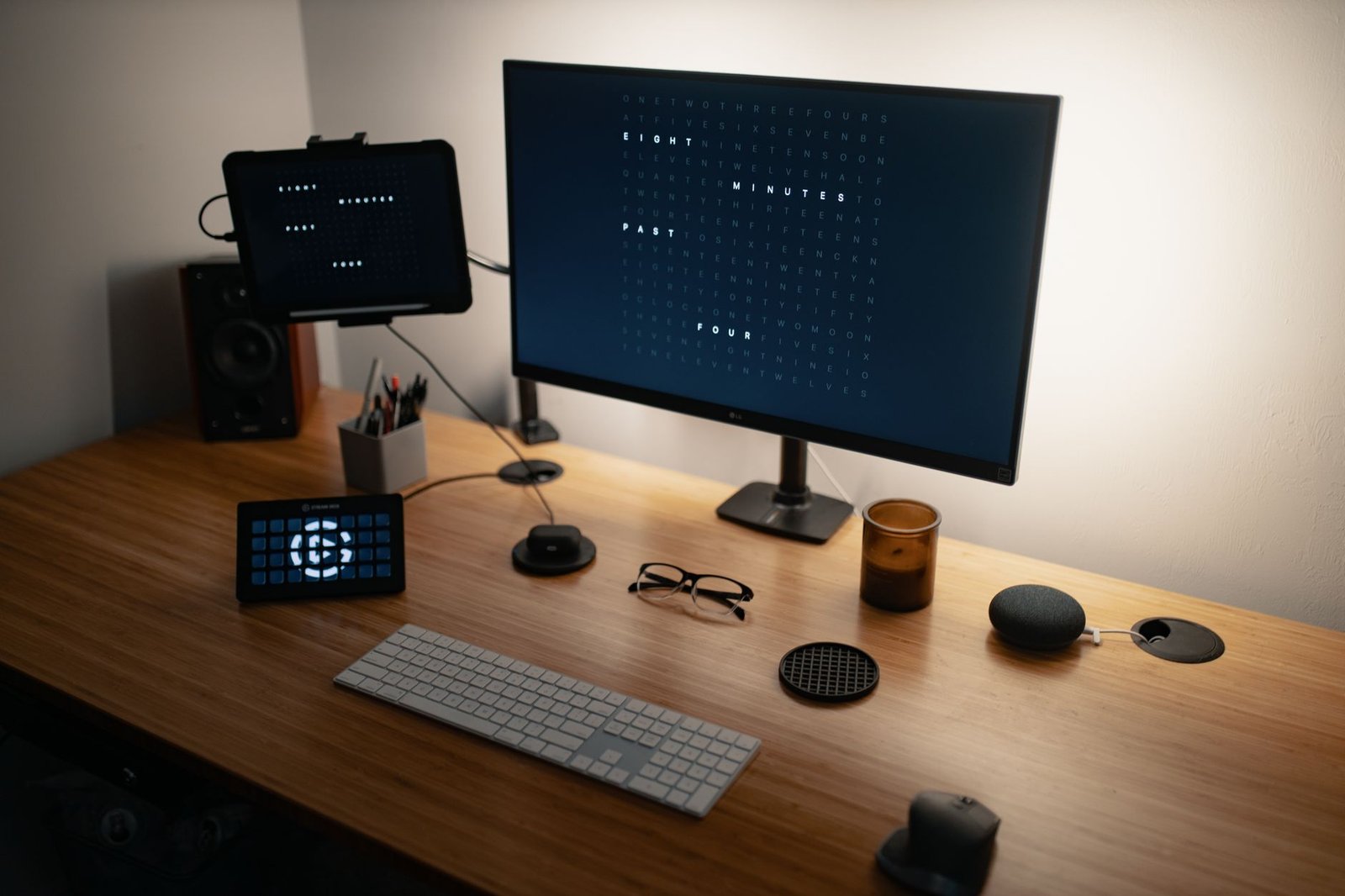 Modern smart plug powering a clean desktop workstation setup.