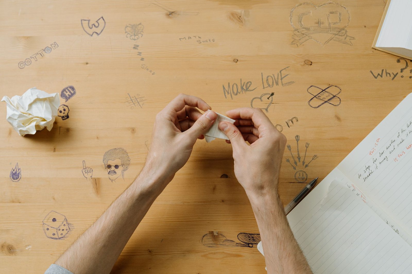 A minimalist wooden desk featuring a clean paper notebook and aluminum pen.