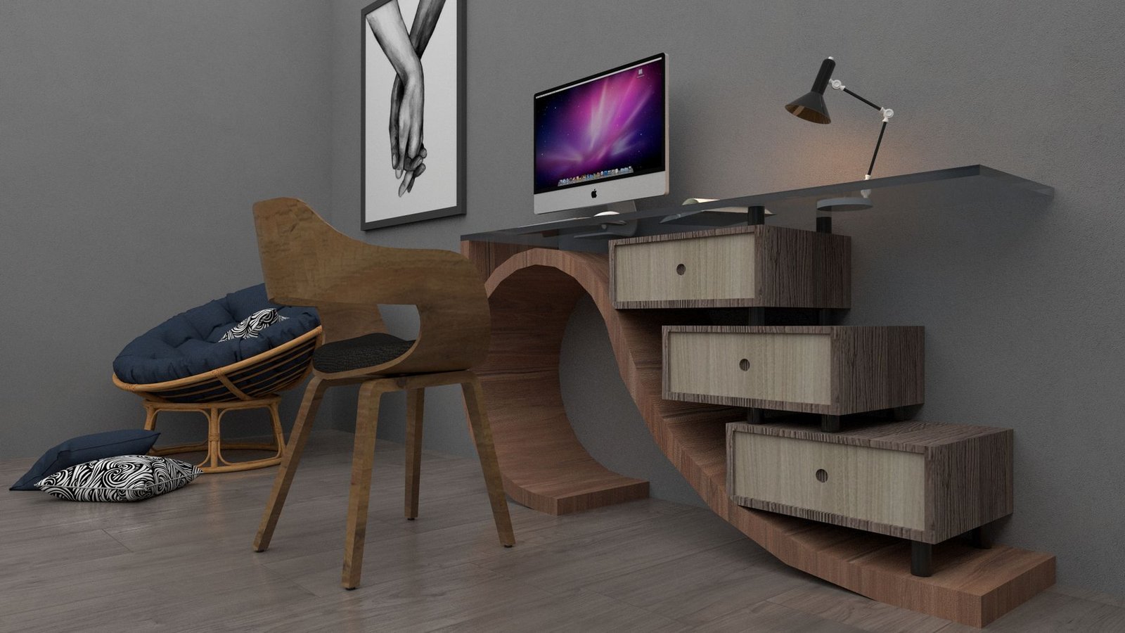 A clean, minimalist home office desk bathed in warm evening light at dusk.