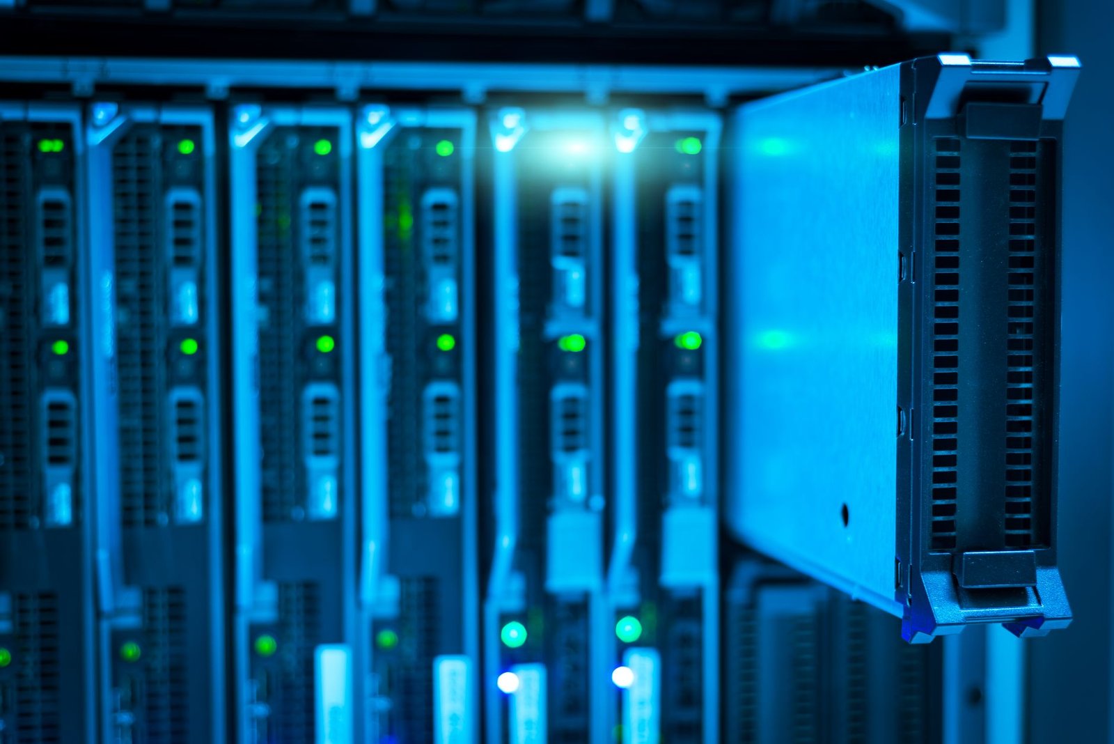 Modern server rack glowing with blue light representing secure data automation.